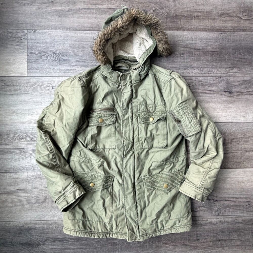 Fossil Olive Green Sherpa Military Style Parka Faux Fur Removable Hooded Jacket